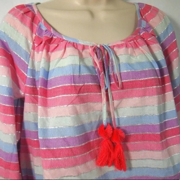 NWT J Crew AM634 Top S Colorful Metallic Candy Stripe Peasant Tassels Long Sleev - Picture 3 of 7